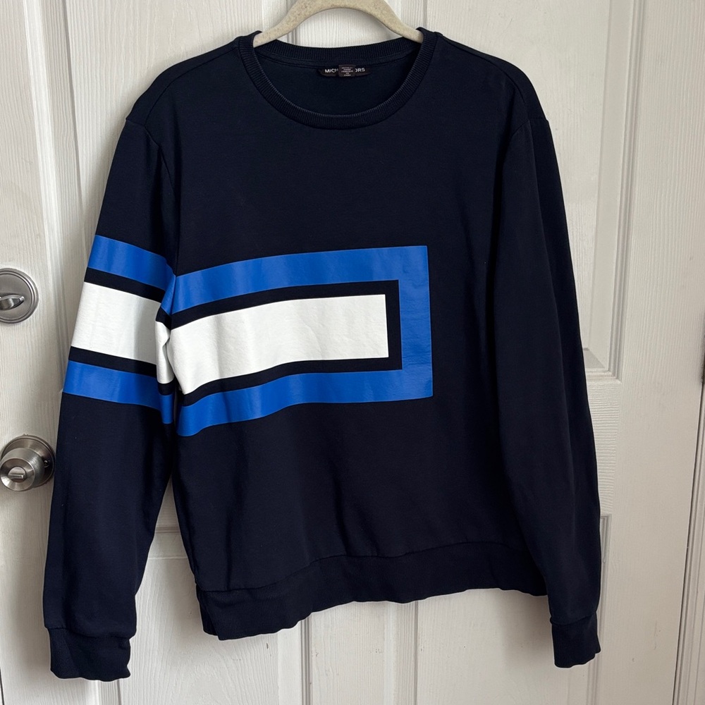 Michael Kors Navy Crewneck Sweatshirt with Blue and White Block Graphic Size XL